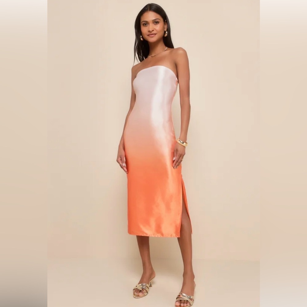 Lulu's Indescribable Poise Peach Ombre Satin Strapless Midi Dress